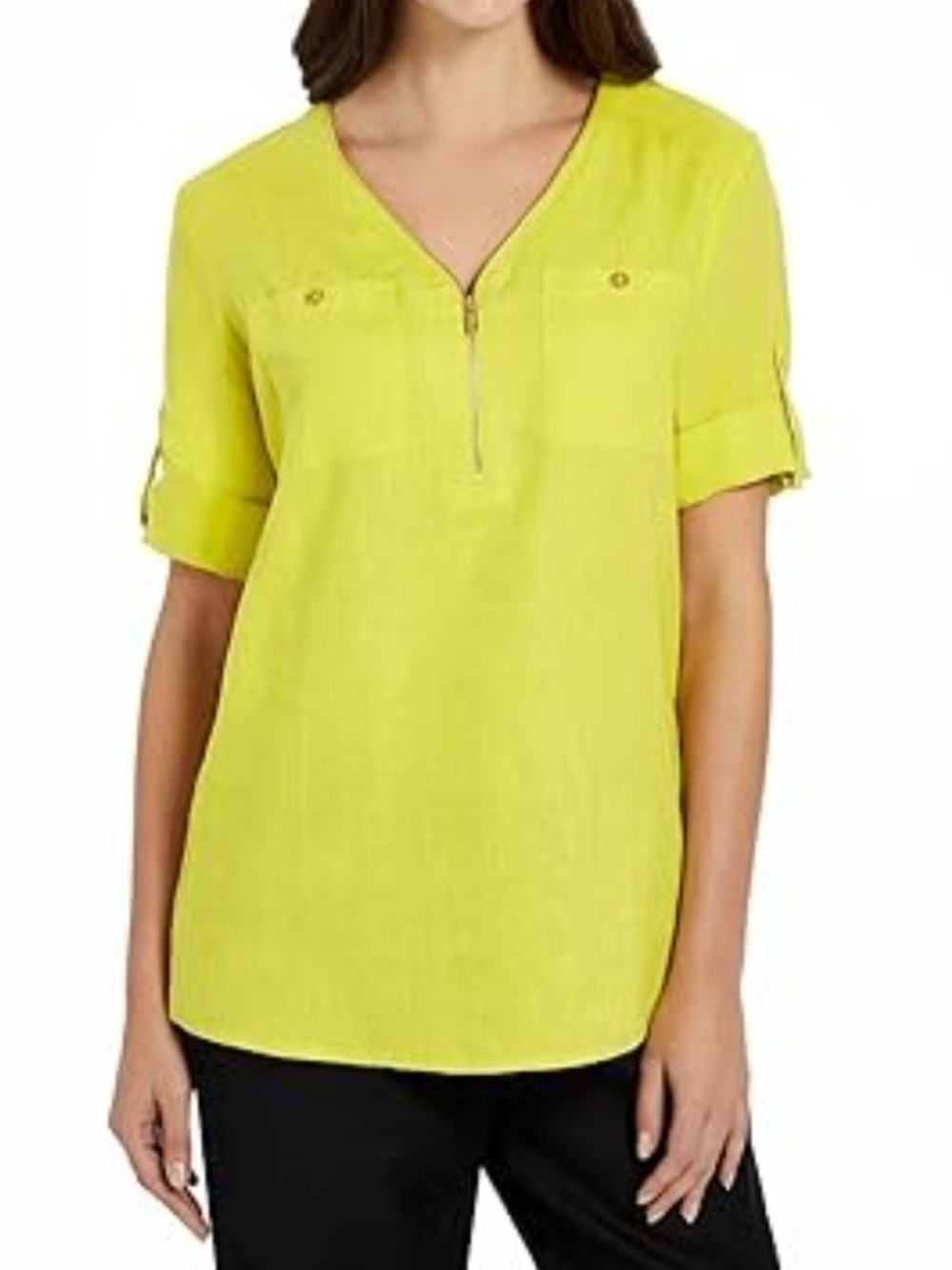Ellen Tracy 100% Linen Yellow Half-Zip  V-Neck Roll-Sleeve Tunic Blouse